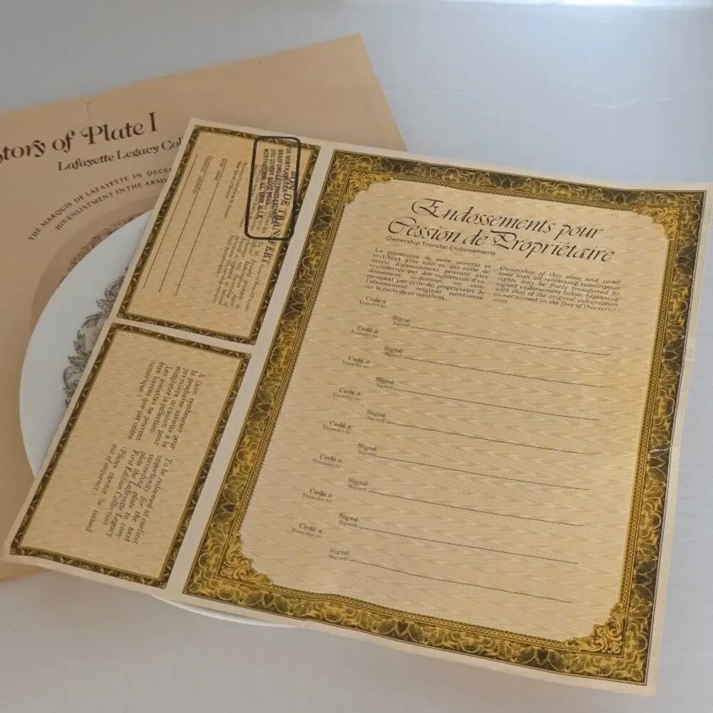 VTG Lafayette Legacy Plate I (NBR 579 IN Collection 1973) w/Paperwork & Certs